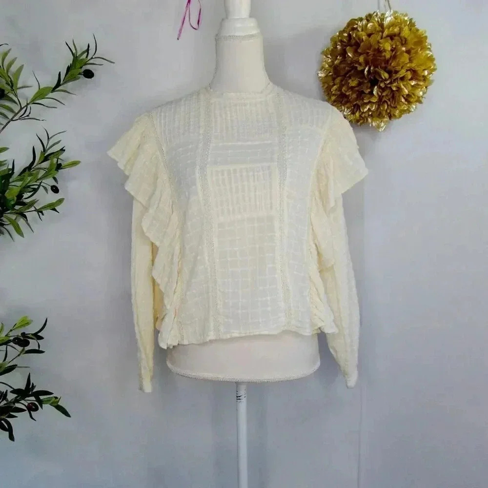 TREASURE & BOND Embroidered Ruffle Cotton Blouse - Ivory Birch. Size Small